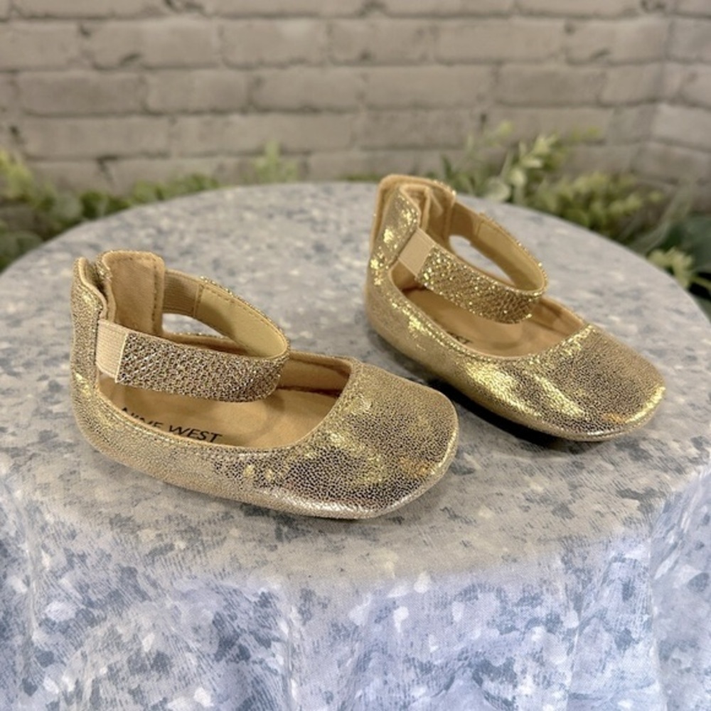 Nine West Gold Metallic Round Toe Ankle Band Ballerina Flats Infant Girl 3✨EUC✨